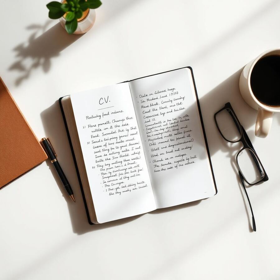 Notebook with CV notes on a sunlit desk